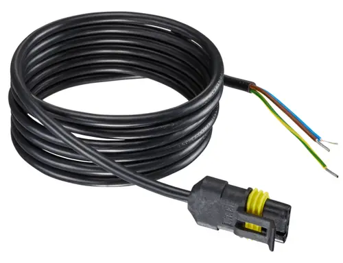 OVENTROP Netzanschlusskabel für Grundfos UPM 3, 1358149. Schwarzes, aufgerolltes Stromkabel mit Stecker und offenen Enden in den Farben Blau, Braun und Grün/Gelb.